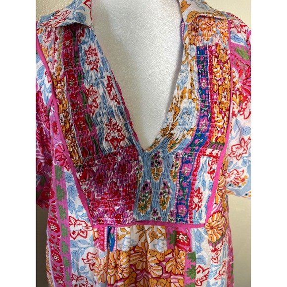 Umgee Womens Patchwork Floral Smocked V-Neck Mini Dress Pink Blue Orange Large - Picture 3 of 6
